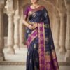 Blue Kanchipuram silk saree with gold zari border
