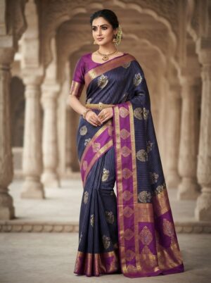 SSM00540_4 Blue Kanchipuram silk saree with gold zari border